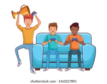 video game scene young men friends playing on couch cartoon  vector illustration graphic design
