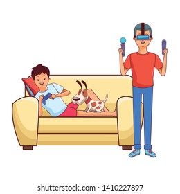 video game scene young men friends playing on couch cartoon  vector illustration graphic design