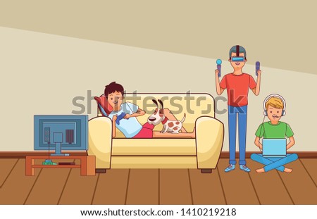 video game scene young men friends playing on couch virtual reallity cartoon  inside home with furniture scenery vector illustration graphic design