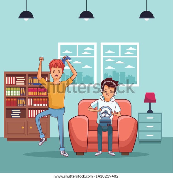 video game scene young men friends playing on\
couch fast car game cartoon  inside home with furniture scenery\
vector illustration graphic\
design
