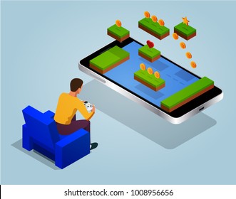 Video game screen and gamer person gaming online with console controller android phone or tablet. Vector isometric illustration.