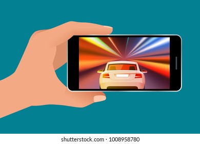 Video Game Screen And Gamer Person Gaming Online On Android Phone Or Tablet. Driving Car In A Video Game. Vector Isometric Illustration