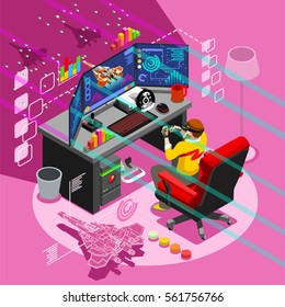 Video game screen and gamer person playing online with console controller android phone or computer. 3D Isometric People icon set. Creative retro design vector illustration collection