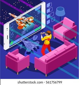 Video game screen & gamer person playing online console controller on android phone computer. 3D Isometric People game icon set. Creative background design development vector wallpaper illustration