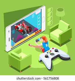 Video game screen and gamer person retro gaming online with console controller android phone or computer. 3D Isometric People icon set. Creative design vector illustration collection