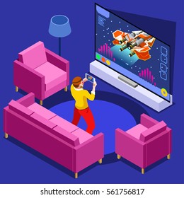 Video game screen and gamer person retro gaming online with console controller android phone or computer. 3D flat Isometric Geek People icon set. Creative design vector illustration collection