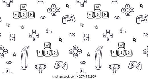 Videojuego sin problemas de fondo. Ilustración vectorial de concepto de juegos. Doodle de jugador con llaves WASD y equipo de juego.