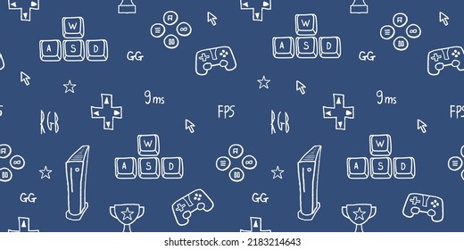 Video game seamless pattern. Gaming concept vector illustration. Gamer doodle with WASD keys and gaming equipment.