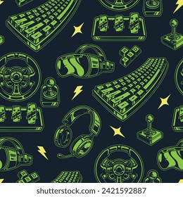 Video game seamless pattern green helmet and headphones for immersion in VR and keyboard near car steering wheel vector illustration