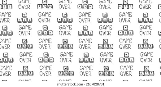 Videojuego textura sin fisuras. Ilustración vectorial de concepto de juegos. El doodle de jugador con las teclas WASD y el juego sobre el texto.