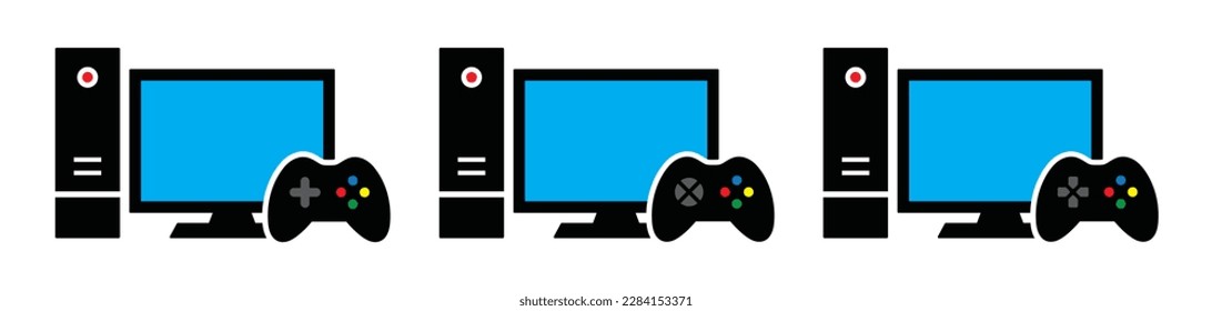Icono de juego de vídeo. Icono de consola de juegos. Icono de PC y joystick, ilustración vectorial
