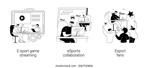 Video game show abstract concept vector illustration set. E-sport game streaming, eSports collaboration, fan club and community, computer game, champion league, global entertainment abstract metaphor.