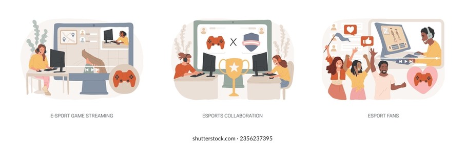 Video game show isolated concept vector illustration set. E-sport game streaming, eSports collaboration, fan club and community, computer game, champion league, global entertainment vector concept.