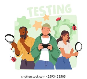 Video game software testing, fixing bugs, checking programming code on mistakes and error, upgrading application usability by team of creative developers young freelancers vector illustration