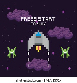 video game space pixelated scene and press star message vector illustration design