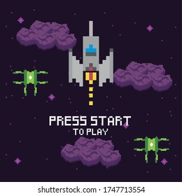 video game space pixelated scene and press star message vector illustration design
