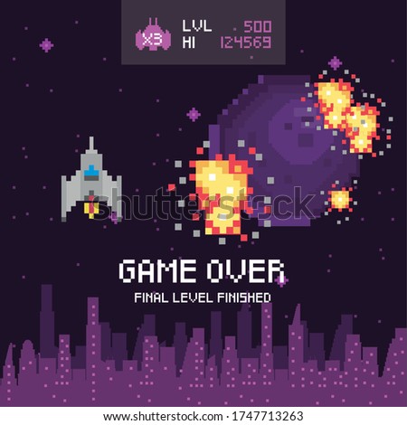 video game space pixelated scene and game over message vector illustration design