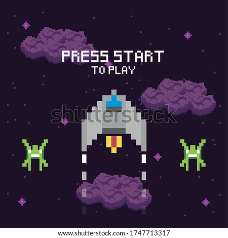 video game space pixelated scene and press star message vector illustration design
