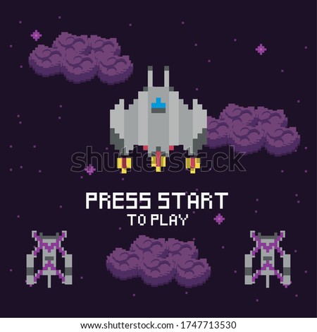 video game space pixelated scene and press star message vector illustration design