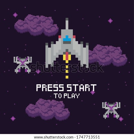 video game space pixelated scene and press star message vector illustration design