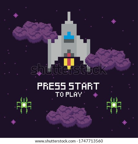 video game space pixelated scene and press star message vector illustration design
