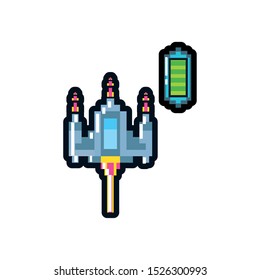 video game spaceship flying with battery level pixelated vector illustration design