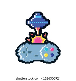 video game spaceship flying with control pixelatedvector illustration design