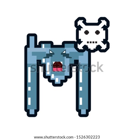 video game spaceship flying with skull danger pixelated vector illustration design
