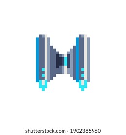 Video game spaceship. Pixel art style icon. Sci-fi game logo. Sticker design. 8-bit sprite. Old school computer graphic style. Isolated vector illustration.  