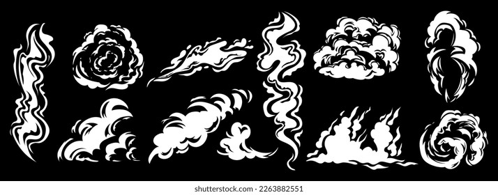 Video game speed symbol, smoke silhouette. Flash power, gas or shot clouds, exploding energy from blast, sprites. Dust and wind, white mist elements. Vector cartoon garish illustration set