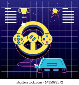 video game with steering wheel and console retro style