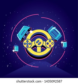 video game with steering wheel retro style and icons