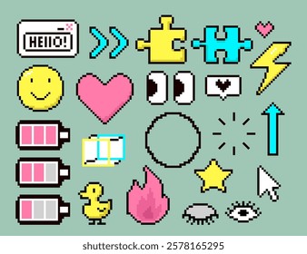 Video game stickers vector illustration. Funny communication emoticon, hello speech bubble, happy smiley emoji face, battery status, cute eyes, puzzles in pixel art Y2K trendy 90s retro style set