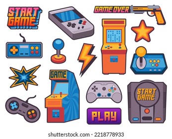 Video game stickers. Vintage gamer assets with pixel 8 bit icons, cartoon nostalgia hipster gamepad joystick arcades flat style. Vector illustration. Gaming console, wireless gadgets - Shutterstock ID 2218778933
