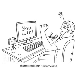 Video game streamer black and white sketch. Young man win the tournament on the internet. Hand drawn doodle vector illustration. The guy sits at the computer