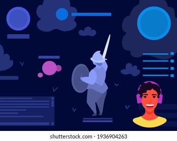A video game streamer, broadcaster. RPG game live streaming, broadcast. A character, hero with a sword. A man playing. A vector cartoon illustration.