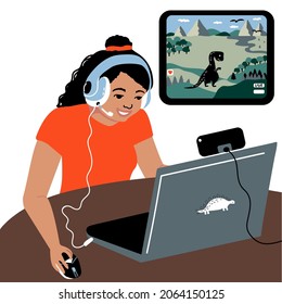 Video game streamer. A gamer girl plays an online dinosaur game on laptop at home at a table. Online streaming. Vector illustration