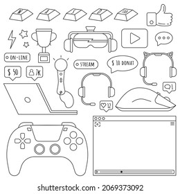 Video game streamer line icon set in a flat style, isolated on a white background. Laptop, mouse, keyboard, headphones, VR glasses, and gamepad icon. Vector illustration