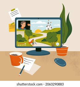 Video game streamer. Online streaming concept illustration. Gamer guy playing online game on computer at home