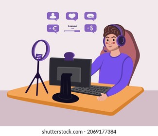 video game streamer Vector Illustration. E-sport gamer live streaming online videogame play and viewer with computer. E-sports streaming, live game show, online streaming business concept.