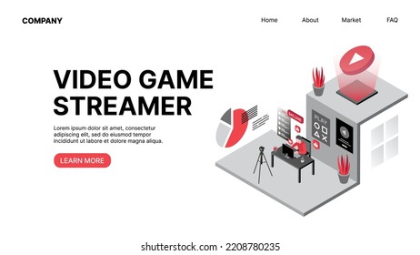 Streamer de videojuegos. Vlogueando. Página de aterrizaje Web horizontal. Ilustración del vector