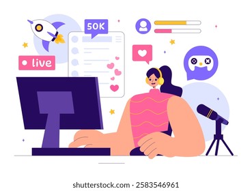 Video Game Streaming Vector Illustration featuring a Professional Cute Gamer Playing Online Games and Live Streaming on a Platform in a Background