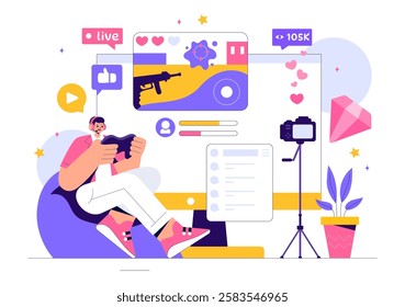 Video Game Streaming Vector Illustration featuring a Professional Cute Gamer Playing Online Games and Live Streaming on a Platform in a Background