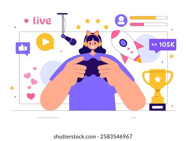 Video Game Streaming Vector Illustration featuring a Professional Cute Gamer Playing Online Games and Live Streaming on a Platform in a Background
