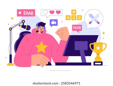 Video Game Streaming Vector Illustration featuring a Professional Cute Gamer Playing Online Games and Live Streaming on a Platform in a Background