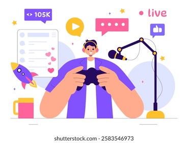 Video Game Streaming Vector Illustration featuring a Professional Cute Gamer Playing Online Games and Live Streaming on a Platform in a Background