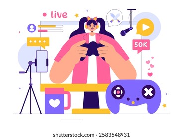Video Game Streaming Vector Illustration featuring a Professional Cute Gamer Playing Online Games and Live Streaming on a Platform in a Background