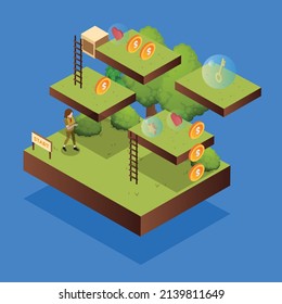 Video game style businesswoman finding the success key isometric 3d vector illustration for banner, website, illustration, landing page, template, etc