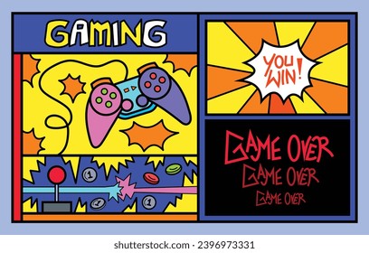 Video game themed poster design vector illustration with cartoon full colored and outlined style isolated on horizontal background ratio template. Simple flat art styled drawing.