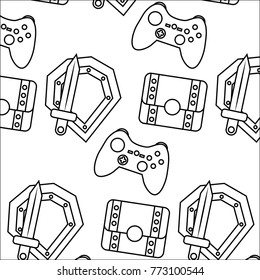 video game treasure chest shield sword control elements seamless pattern